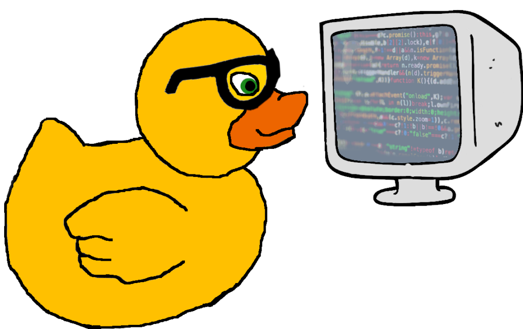 The Quality Duck- Yellow rubber duck looking at screen of code
