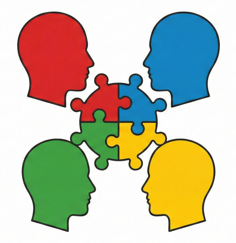 A diagram shows four stylized human head profiles, colored red, blue, yellow, and green, facing a central cluster of four interlocking puzzle pieces of the same respective colors. The puzzle pieces are joined together in the middle, symbolizing collaboration or the combination of different parts to form a whole.